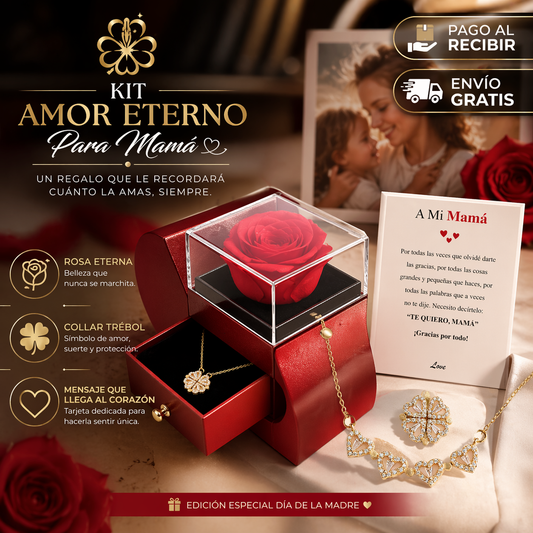 ❤ KIT AMOR ETERNO™ – Joyero con Rosa Eterna + Collar Trébol Transformable + Mensaje para Mamá – El regalo más especial que tocará su corazón 🎁
