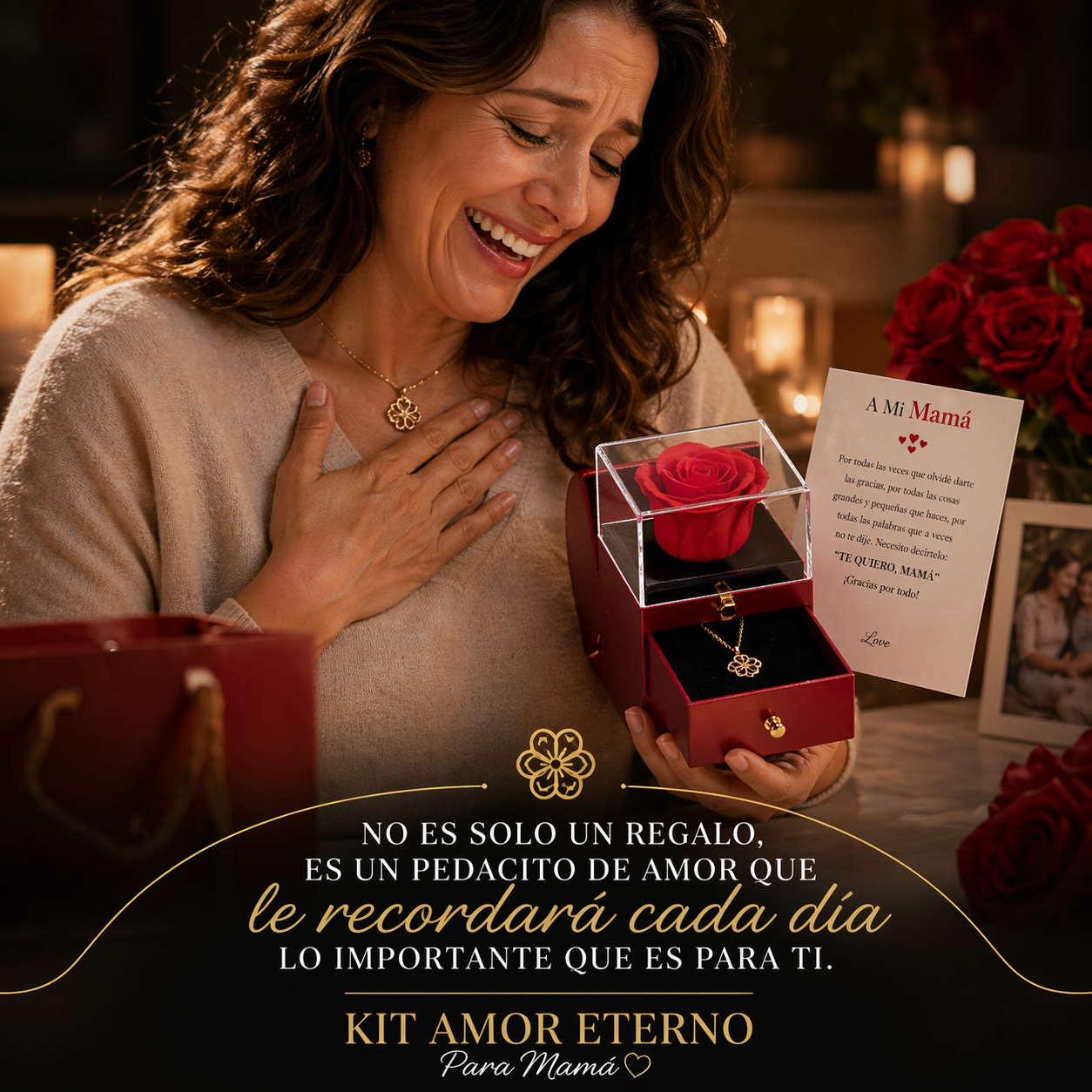 ❤ KIT AMOR ETERNO™ – Joyero con Rosa Eterna + Collar Trébol Transformable + Mensaje para Mamá – El regalo más especial que tocará su corazón 🎁