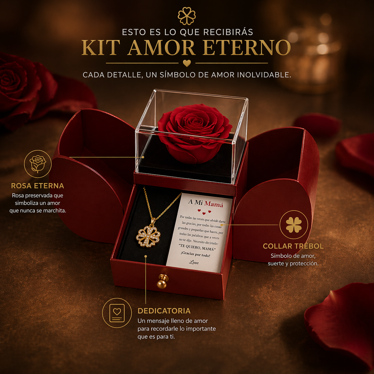 ❤ KIT AMOR ETERNO™ – Joyero con Rosa Eterna + Collar Trébol Transformable + Mensaje para Mamá – El regalo más especial que tocará su corazón 🎁