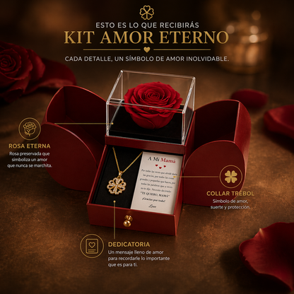 ❤ KIT AMOR ETERNO™ – Joyero con Rosa Eterna + Collar Trébol Transformable + Mensaje para Mamá – El regalo más especial que tocará su corazón 🎁