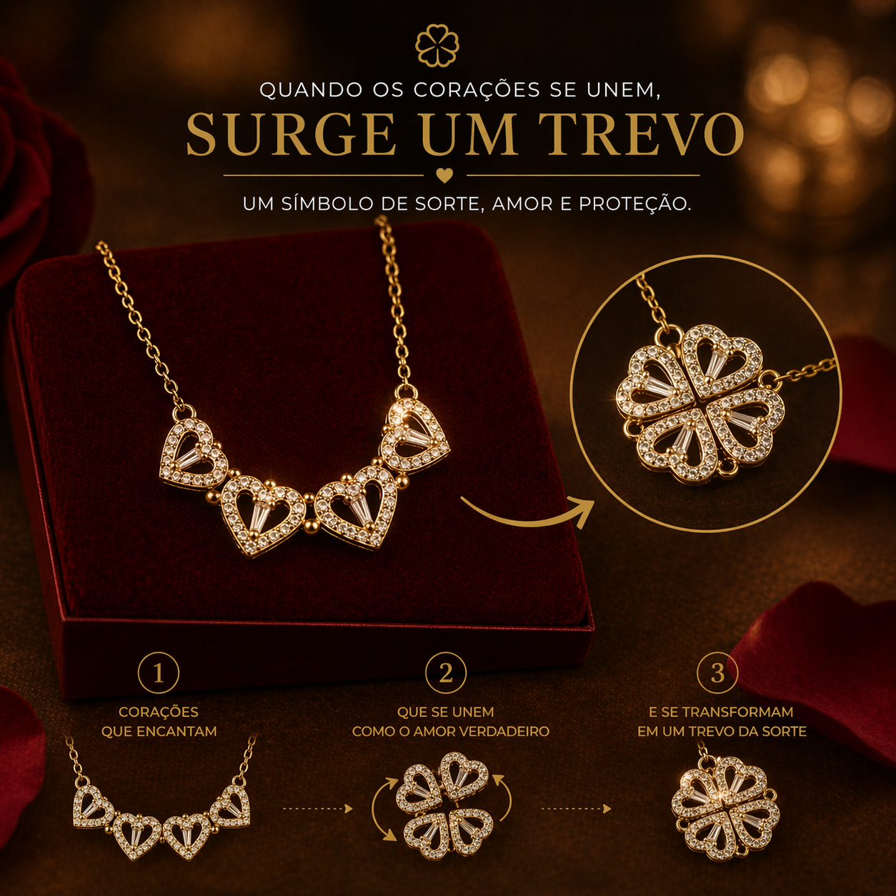 ❤ KIT AMOR ETERNO™ – Joyero con Rosa Eterna + Collar Trébol Transformable + Mensaje para Mamá – El regalo más especial que tocará su corazón 🎁