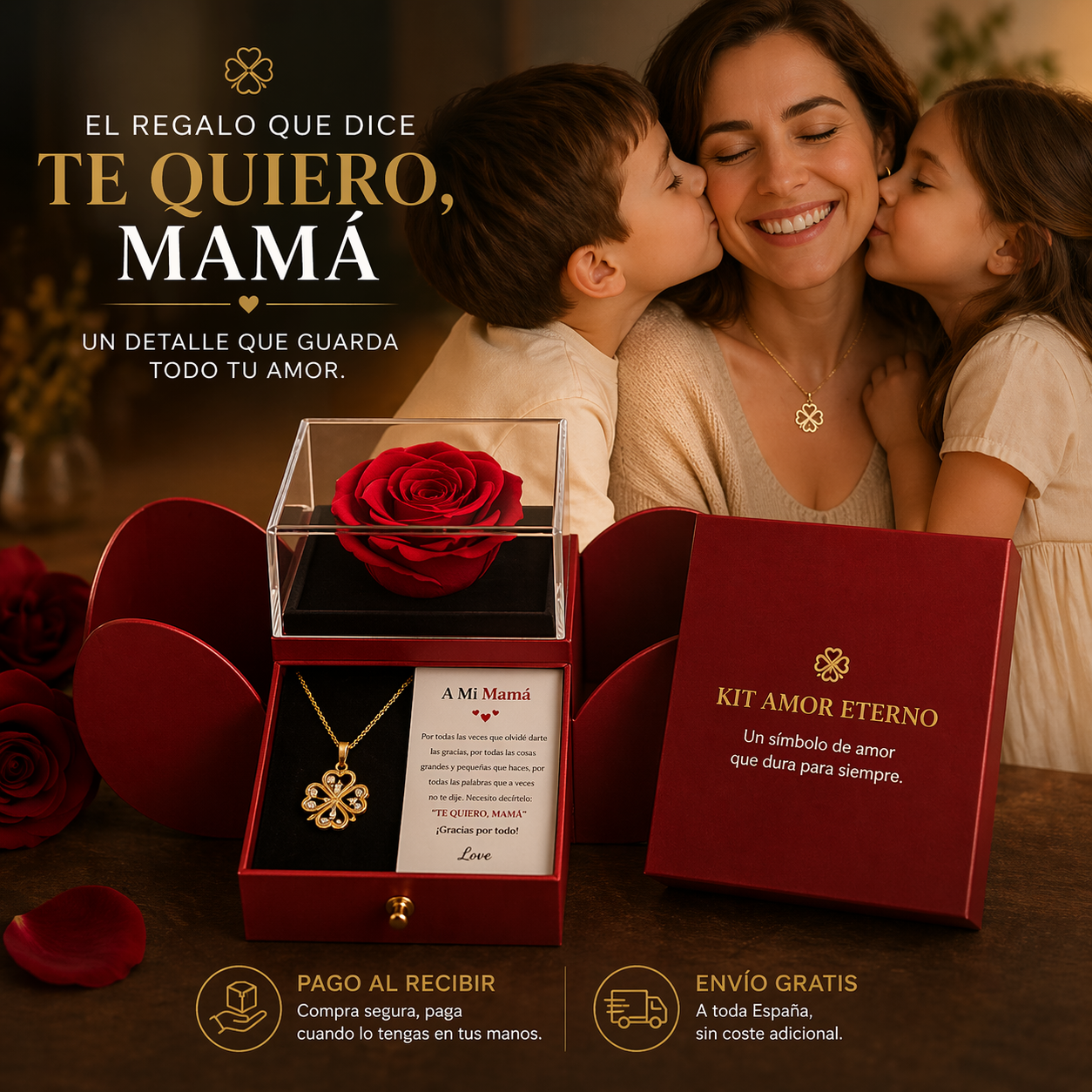 ❤ KIT AMOR ETERNO™ – Joyero con Rosa Eterna + Collar Trébol Transformable + Mensaje para Mamá – El regalo más especial que tocará su corazón 🎁